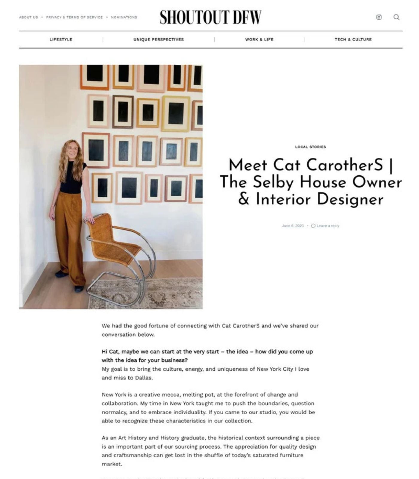 Shoutout DFW magazine article about Cat Carothers and The Selby House.