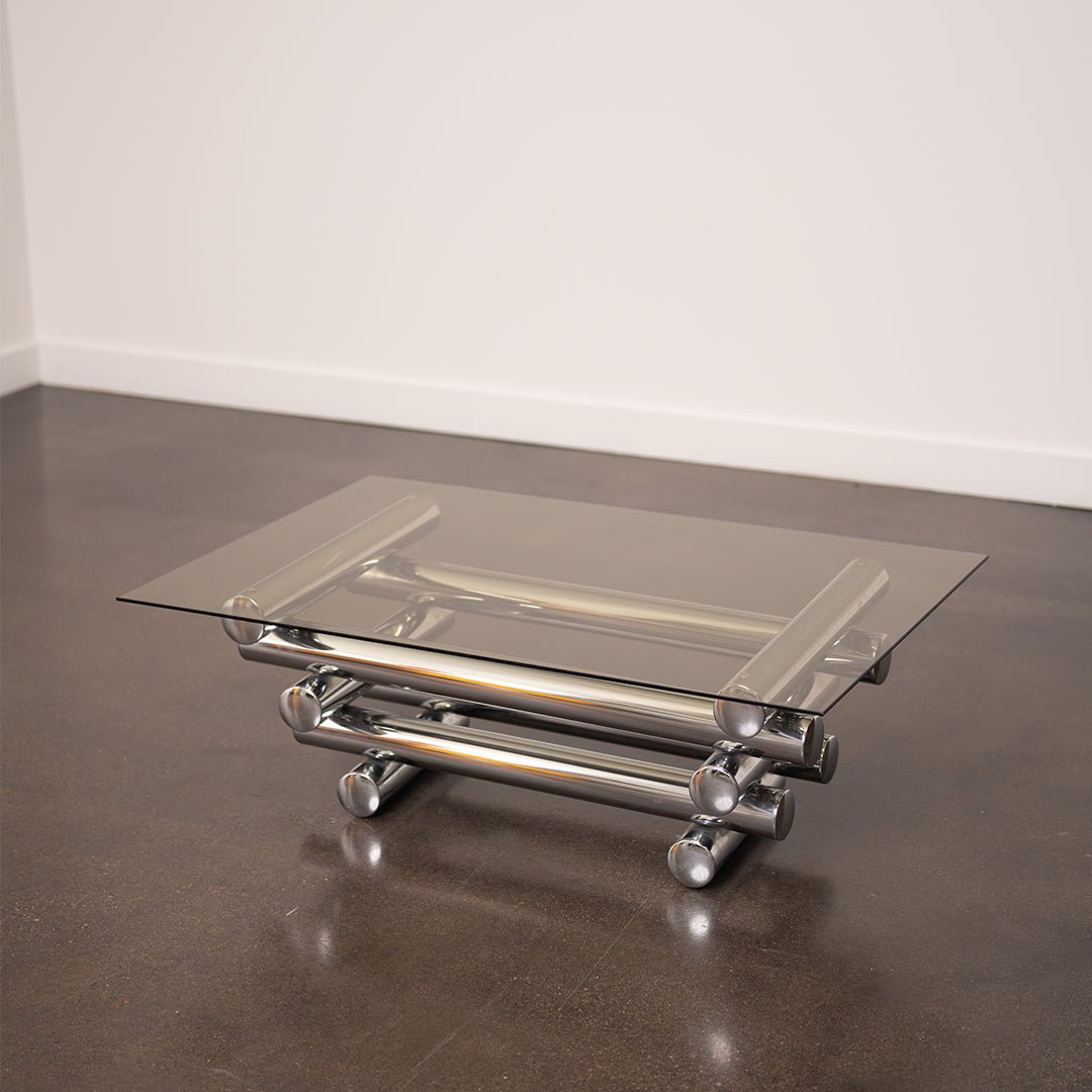 Glass Coffee Table with Chrome Tubular Base by Paul Mayen
