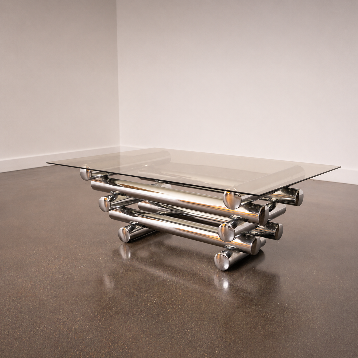 Glass Coffee Table with Chrome Tubular Base by Paul Mayen