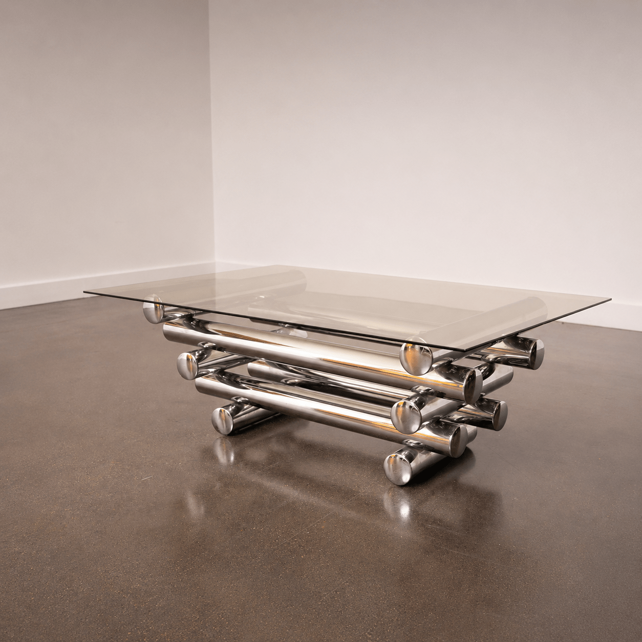 Glass Coffee Table with Chrome Tubular Base by Paul Mayen