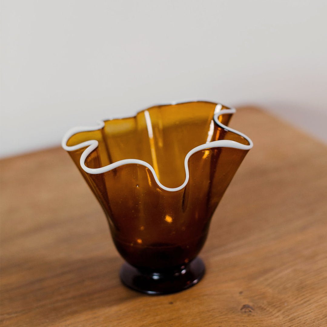 Hand Blown Amber and White Handkerchief Vase