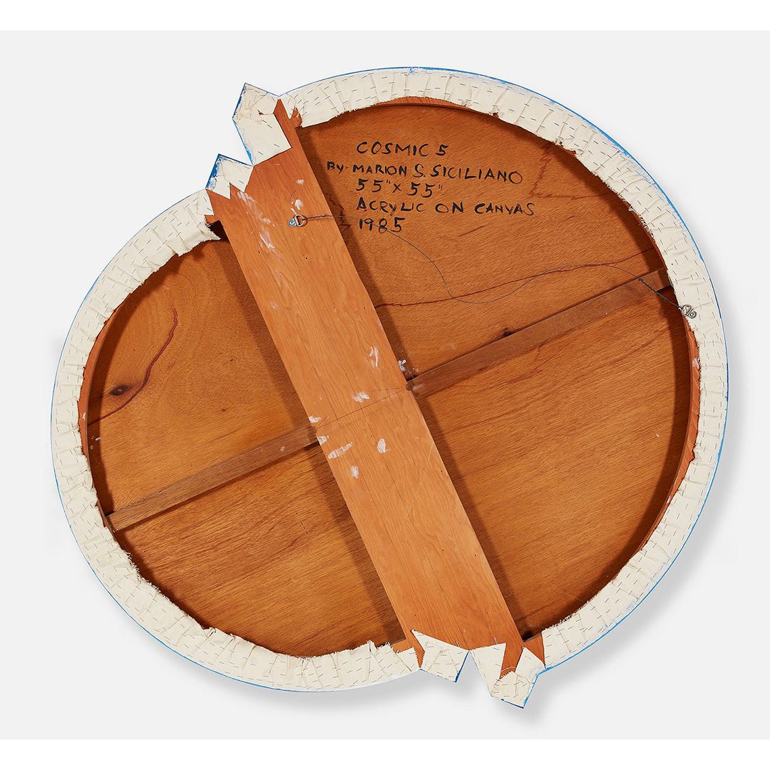 Showcasing the back of the circular painting showing signature and frame for the canvas.