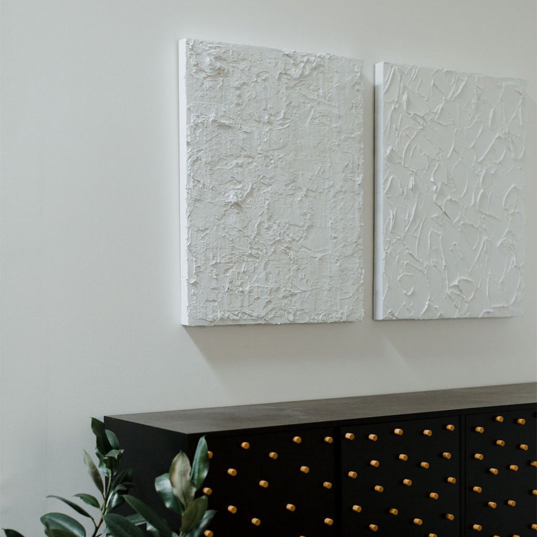 Pair of Jason Adkins paintings styled with rare vintage credenza.