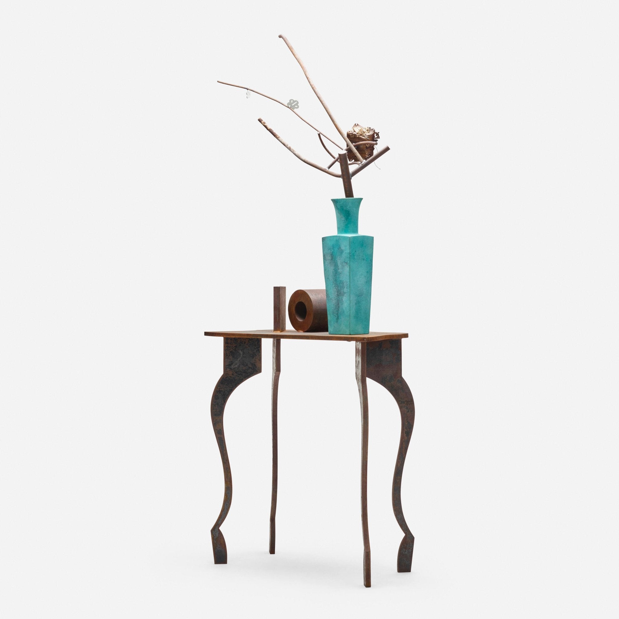 Rare bronze and steel geometric sculpture.