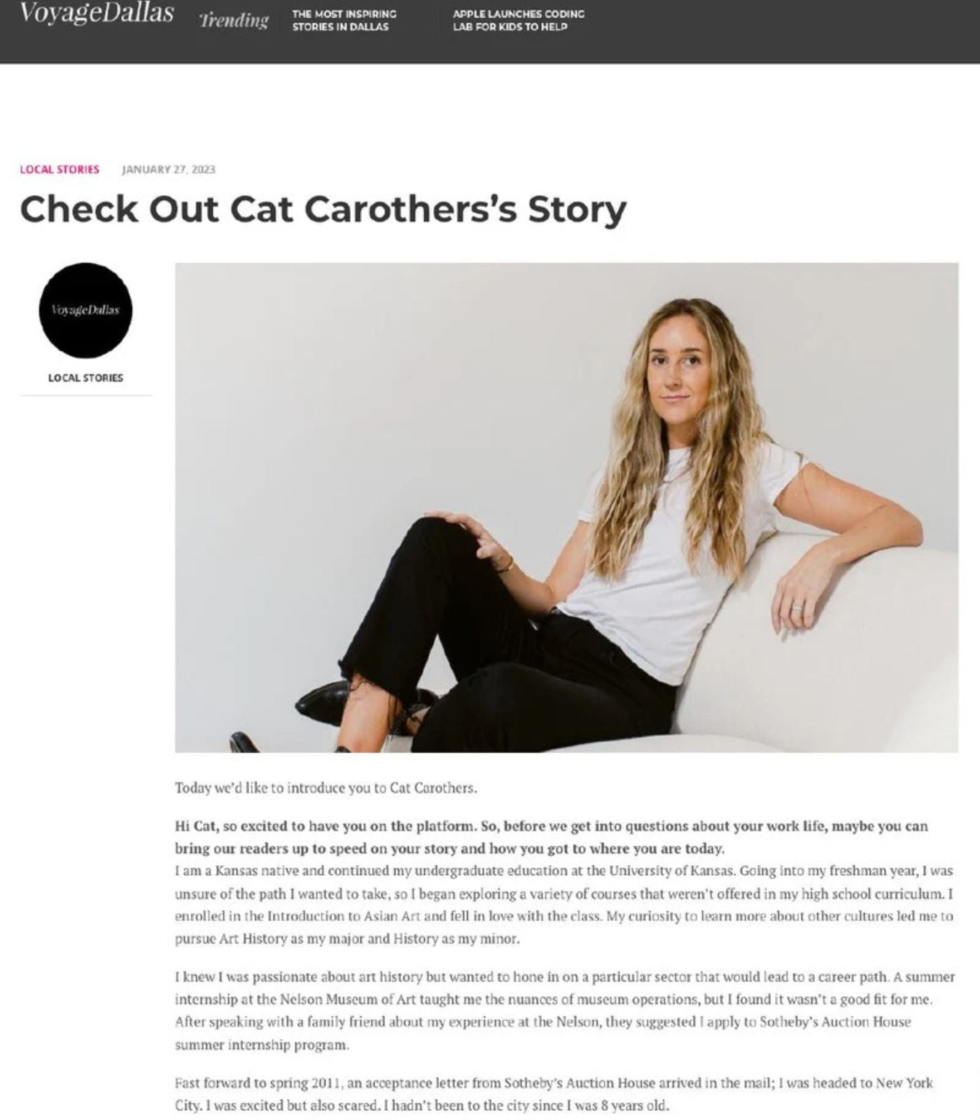 Voyage Dallas January 2023 article on Cat Carothers and The Selby House.