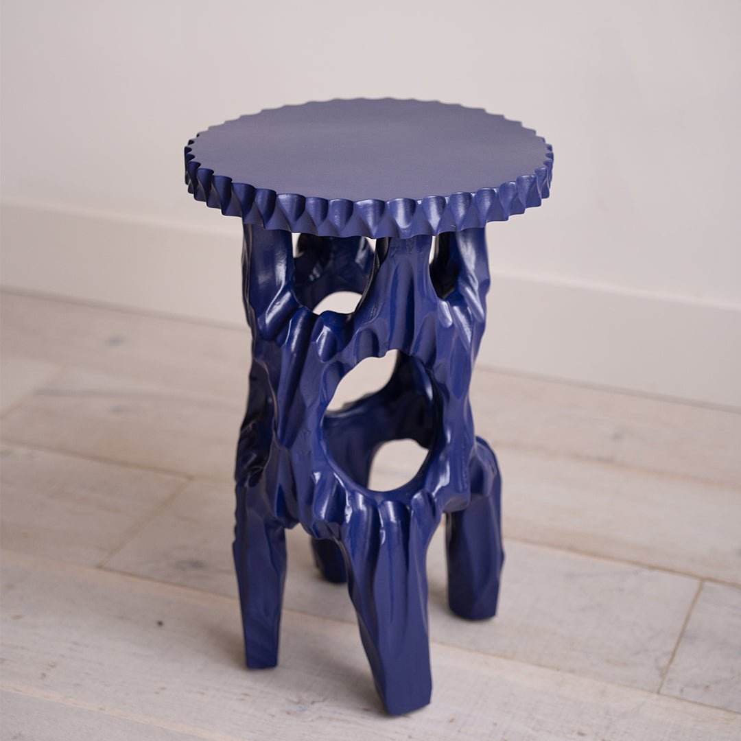 A Lacquer Blue Carved Wood Side Table