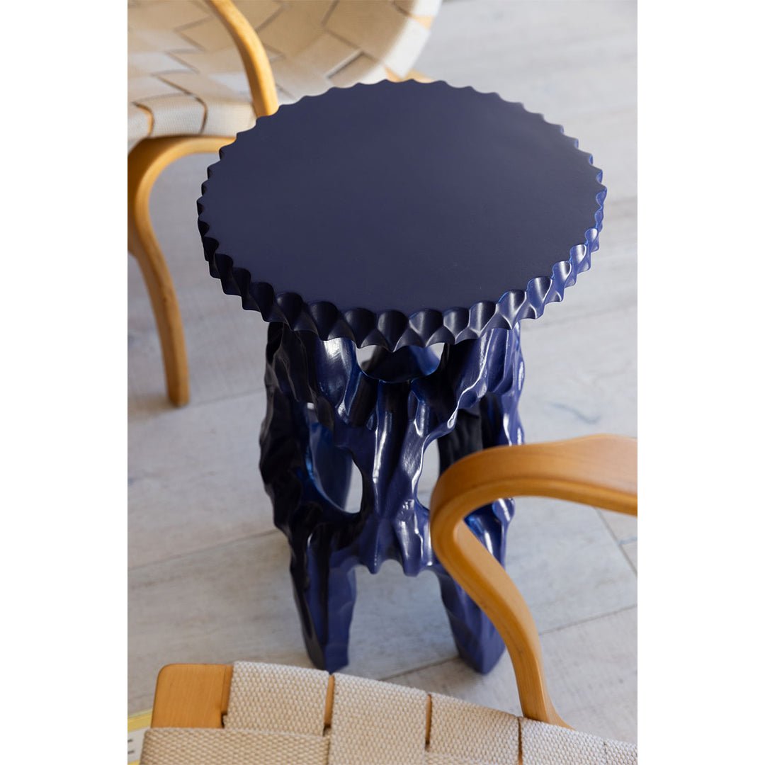 A Lacquer Blue Carved Wood Side Table