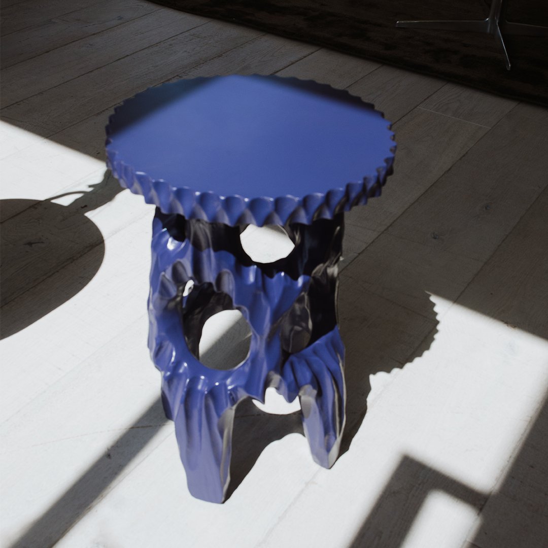 A Lacquer Blue Carved Wood Side Table