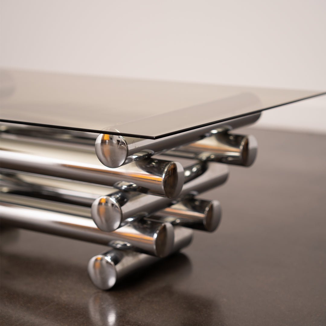 Glass Coffee Table with Chrome Tubular Base by Paul Mayen