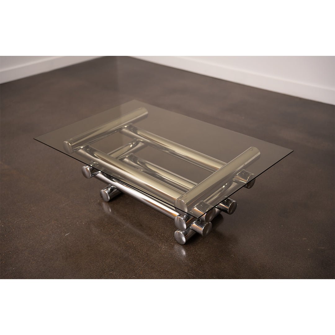 Glass Coffee Table with Chrome Tubular Base by Paul Mayen