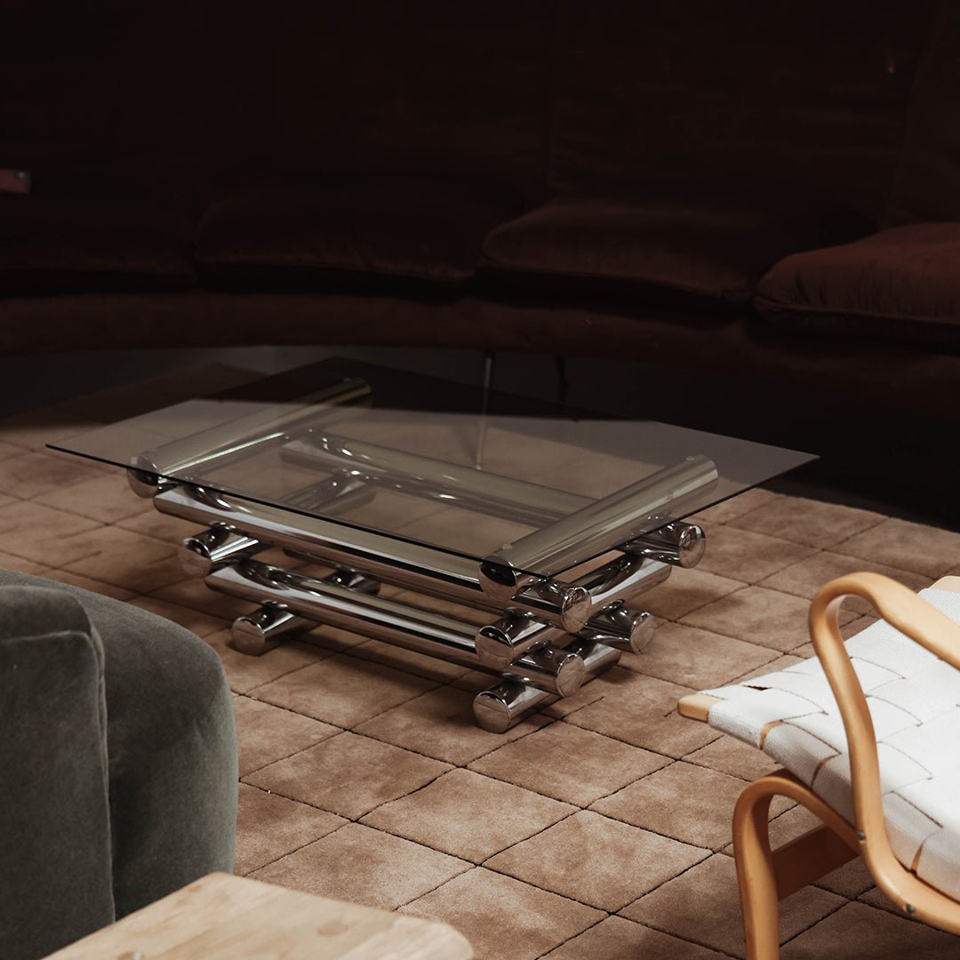 Glass Coffee Table with Chrome Tubular Base by Paul Mayen