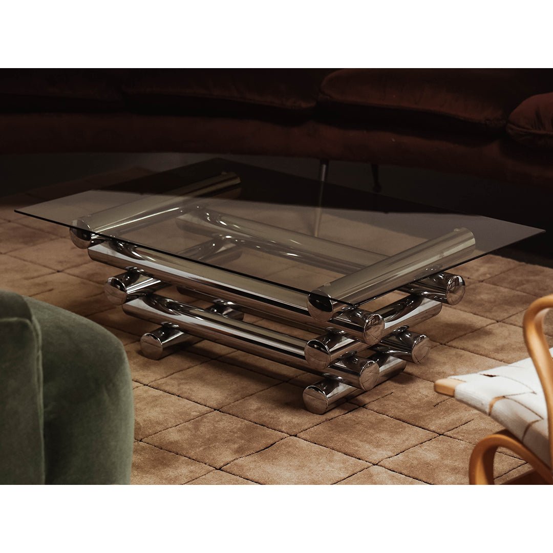 Glass Coffee Table with Chrome Tubular Base by Paul Mayen