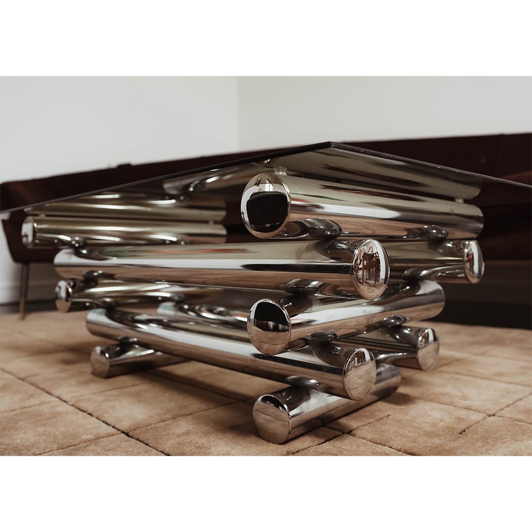 Glass Coffee Table with Chrome Tubular Base by Paul Mayen