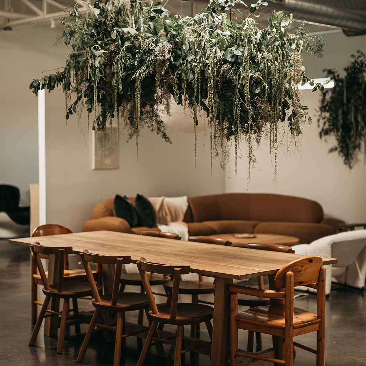 The Selby House studio with large wooden dining room table and wooden chairs with a large potted plant handing from the ceiling.