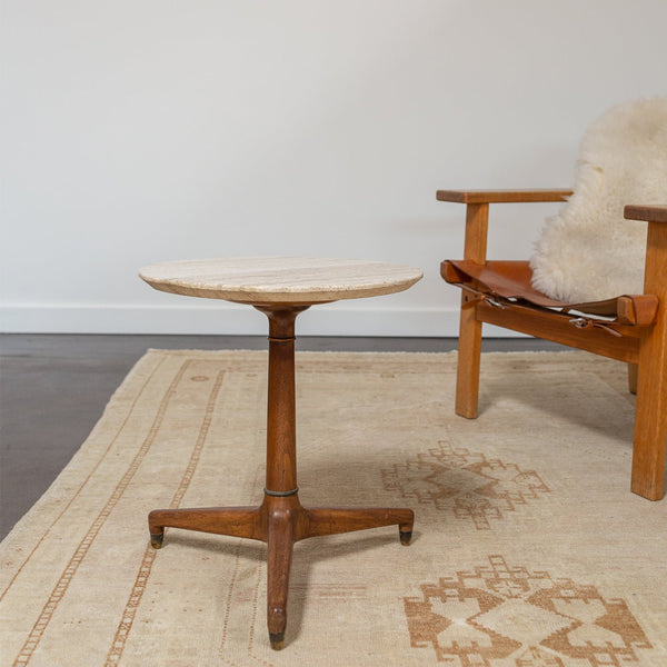 Travertine and Walnut Pedestal Side Table