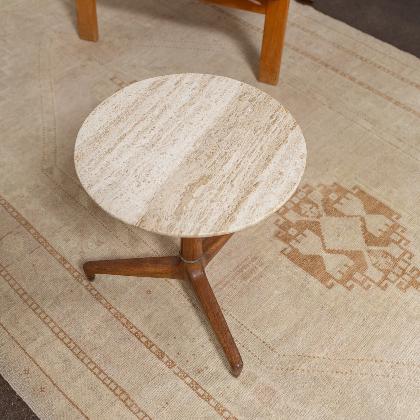 Travertine and Walnut Pedestal Side Table